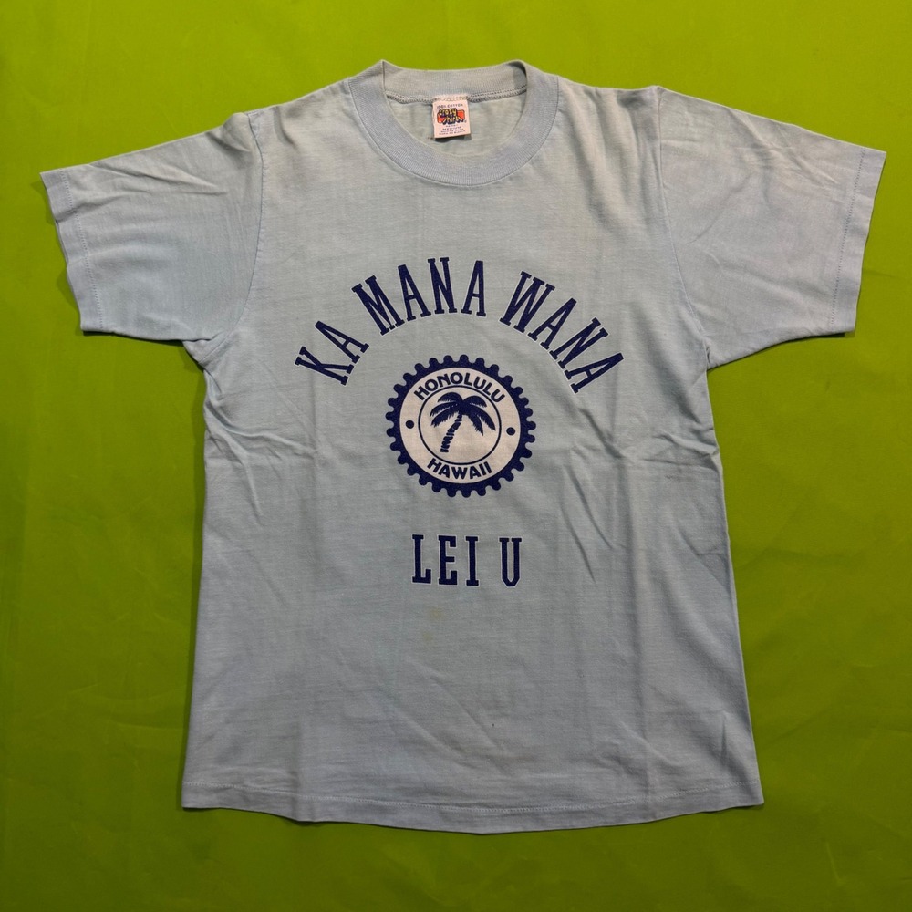 70s Crazy Shirts Hawaii Ka Mana Wana T-Shirt Blue Cotton Medium Vintage Honolulu